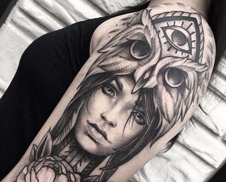 New School大臂女人猫头鹰纹身图案