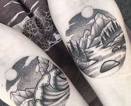 点刺小臂山河纹身图案
