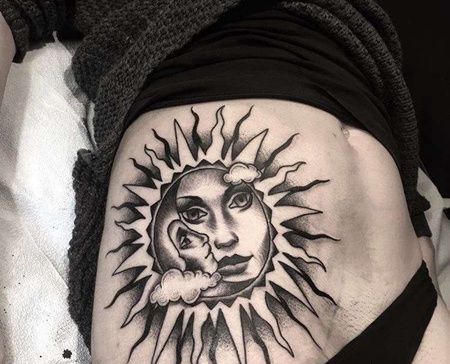 Old School腹部太阳月亮纹身图案