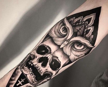 New School小臂骷髅猫头鹰纹身图案