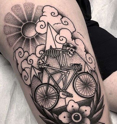 大腿骷髅自行车纹身图案