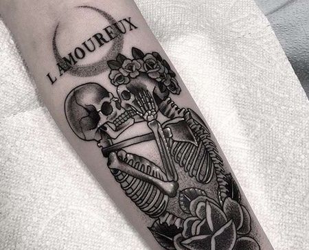 Old School小臂骷髅玫瑰纹身图案