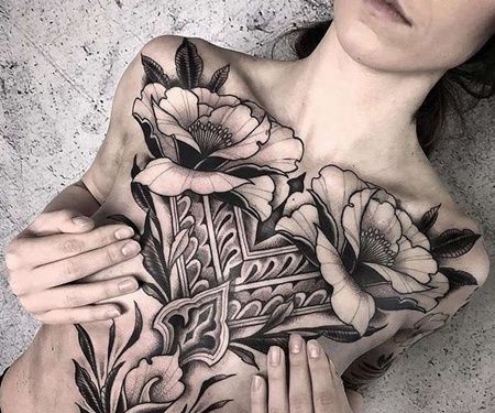 New School前胸腹部牡丹花卉纹身图案