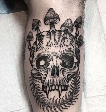 Old School小腿蘑菇骷髅纹身图案