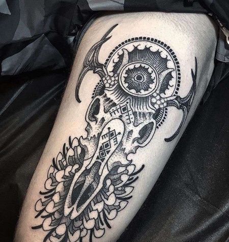 Old School大腿骷髅鹿纹身图案