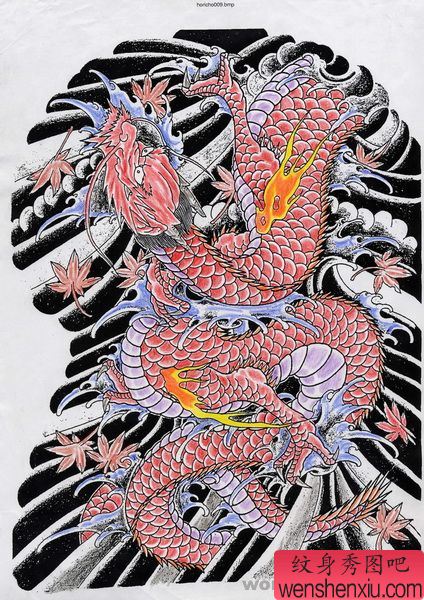 满背龙枫叶纹身图案图片