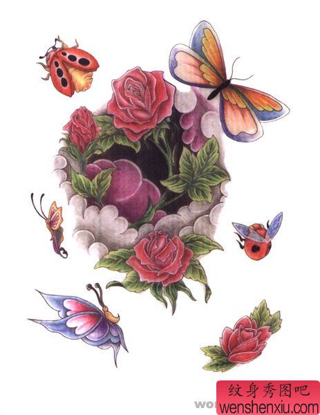 玫瑰纹身图案:玫瑰蝴蝶瓢虫纹身图案图片