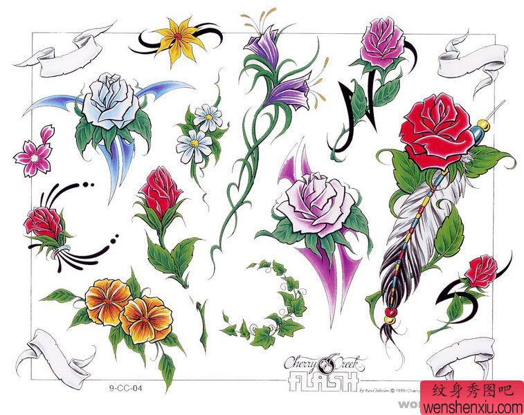 玫瑰花卉纹身图案:玫瑰羽毛纹身图案图片