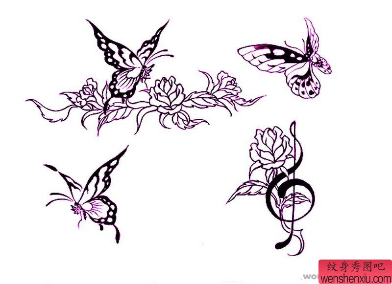 图腾纹身图案:图腾蝴蝶音符玫瑰纹身图案图片