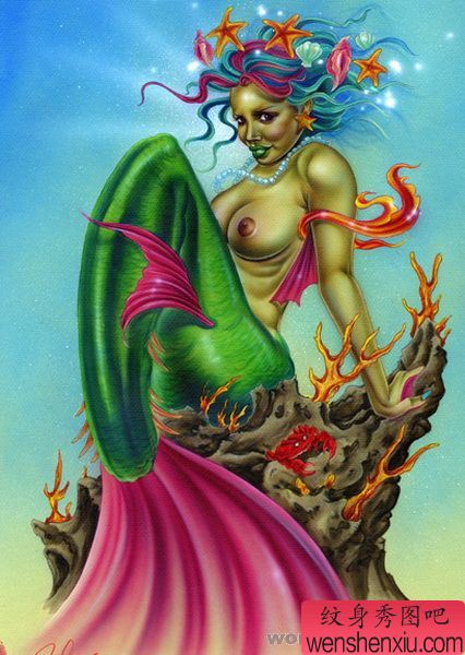 卡通美人鱼纹身图案:卡通美人鱼海星纹身图案图片