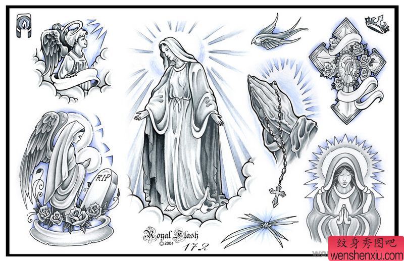 宗教纹身图案:圣母佛手十字架纹身图案图片