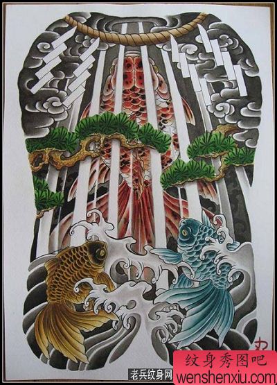 满背纹身图案:满背金鱼纹身图案图片