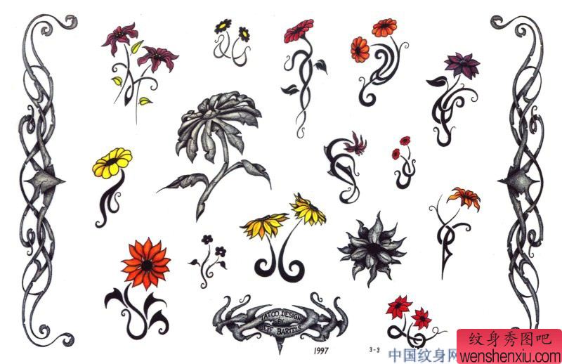 花纹身图案:玫瑰花向日葵纹身图案图片