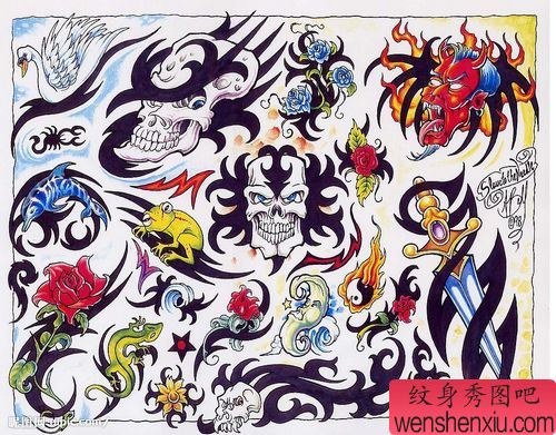 玫瑰海豚天鹅花卉骷髅图腾纹身图案