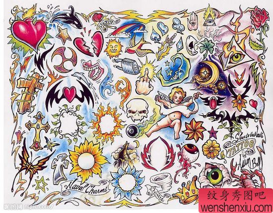 彩色爱心十字架玫瑰天使太阳皇冠蝎子蝴蝶纹身图案