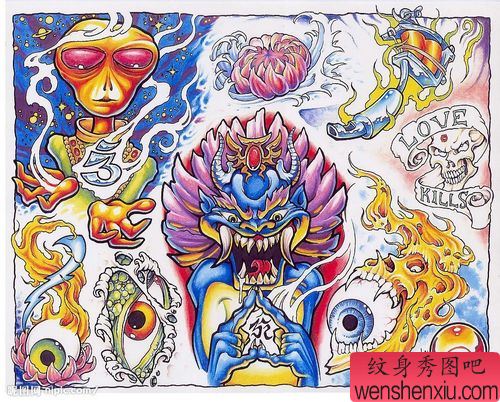 彩色火焰莲花眼睛纹身图案图片