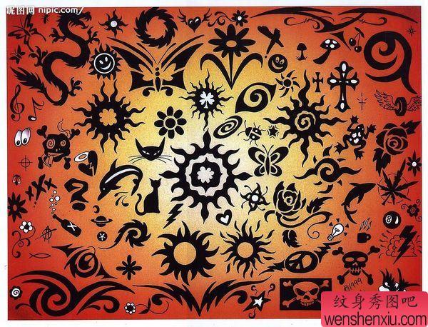 一组图腾蝴蝶太阳纹身图案