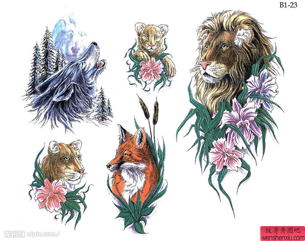 动物纹身图案:狼狮子豹子狐狸纹身图案图片