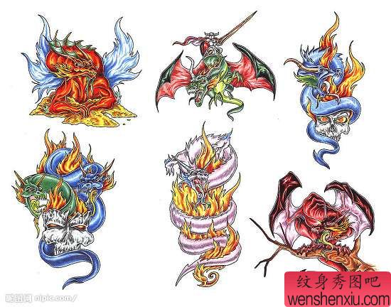 卡通纹身图案:欧式龙火焰骷髅纹身图案