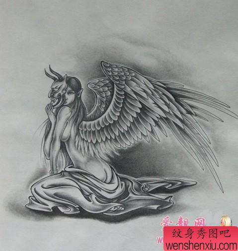 天使纹身图案:黑灰天使纹身图案图片