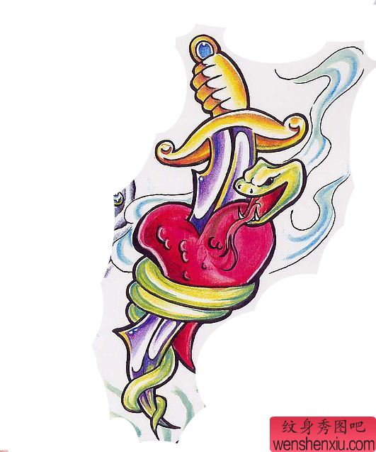 一个刀匕首爱心火焰云雾纹身图案图片