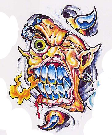 一幅彩色撕皮鬼头骷髅纹身图案图片