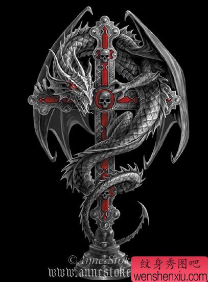 欧美龙十字架纹身图案图片