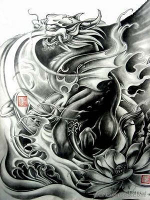 纹身520图库:貔貅莲花纹身图案图片