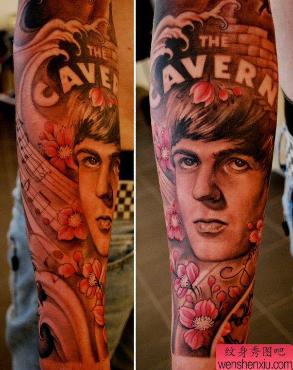 手部纹身图案:手部肖像樱花纹身图案图片