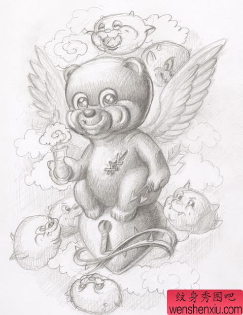 可爱的小熊翅膀素描纹身图案图片