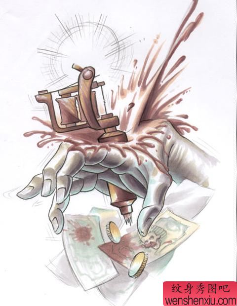 惊险超酷的一张手稿手纹身机纹身图案图片