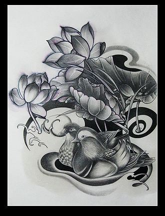 鸳鸯荷花素描手稿纹身图案图片