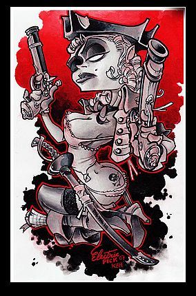 超酷的一幅海盗美女手稿纹身图案图片