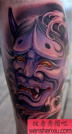 腿部般若刺青图案图片