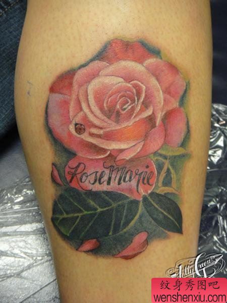 腿部纹身图案:腿部玫瑰花纹身图案图片
