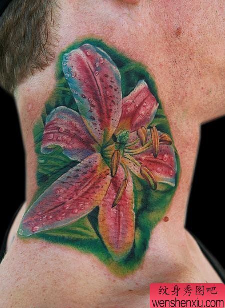 脖子纹身图案:脖子百合纹身图案图片