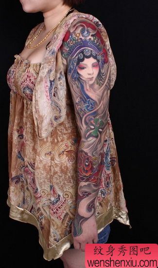 花臂纹身图案:美女花旦鲤鱼花臂纹身图案纹身图片