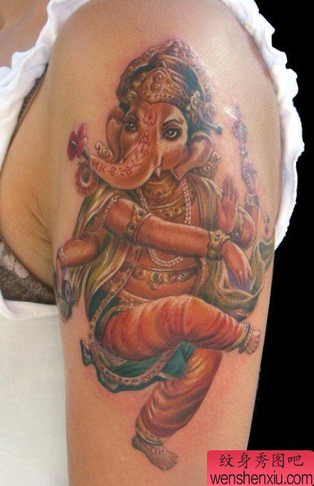 象神纹身图案:手臂彩色象神纹身图案纹身图片