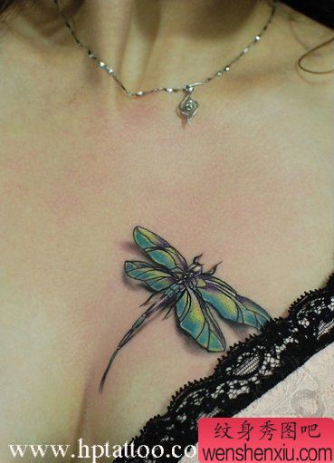 美女胸部蜻蜓纹身图案图片欣赏