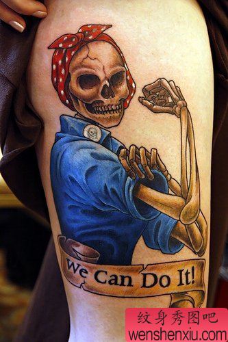 手臂纹身图案:手臂美女骷髅纹身图案图片