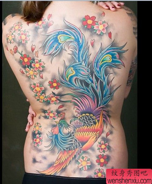 纹身学校:满背凤凰樱花纹身图案图片(tattoo)