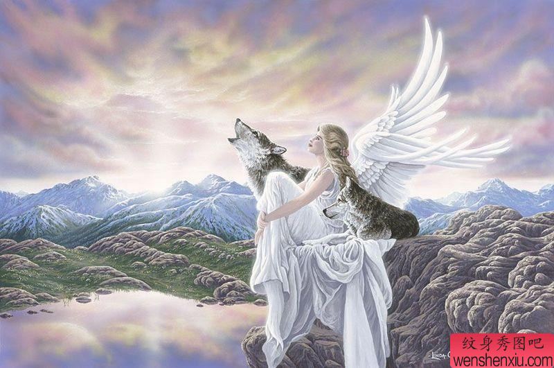 超美的一幅欧美传统相结合的狼与天使纹身图案