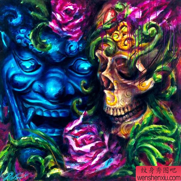 色彩很抢眼的骷髅般若纹身图案