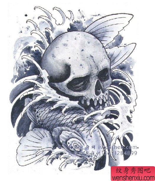 骷髅鲤鱼纹身图案图片