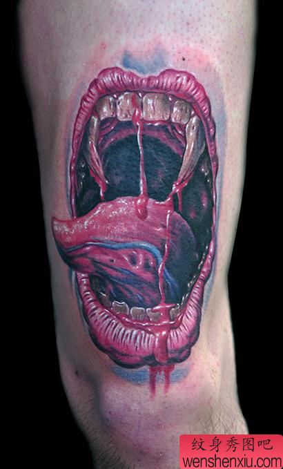 欧美腿部恐怖嘴巴纹身图案