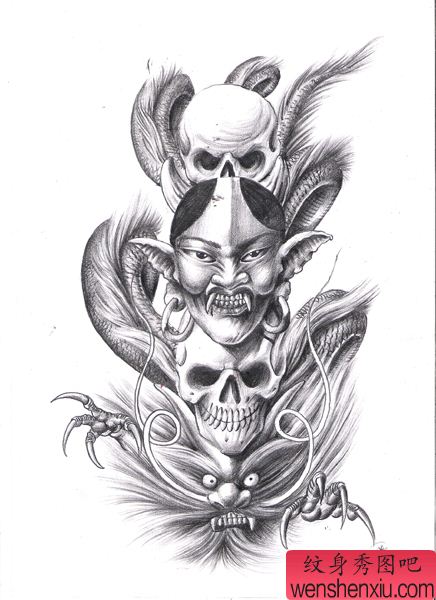 骷髅般若龙纹身图案