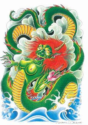 般若头龙身纹身图案