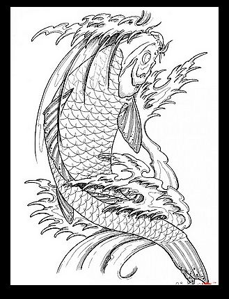 浪花鲤鱼割线纹身图案