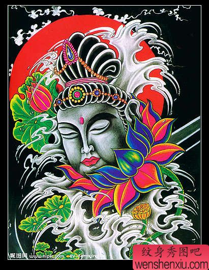 适合做满背的观音莲花纹身图案
