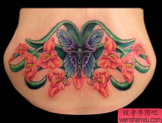 后腰花蝴蝶纹身图案